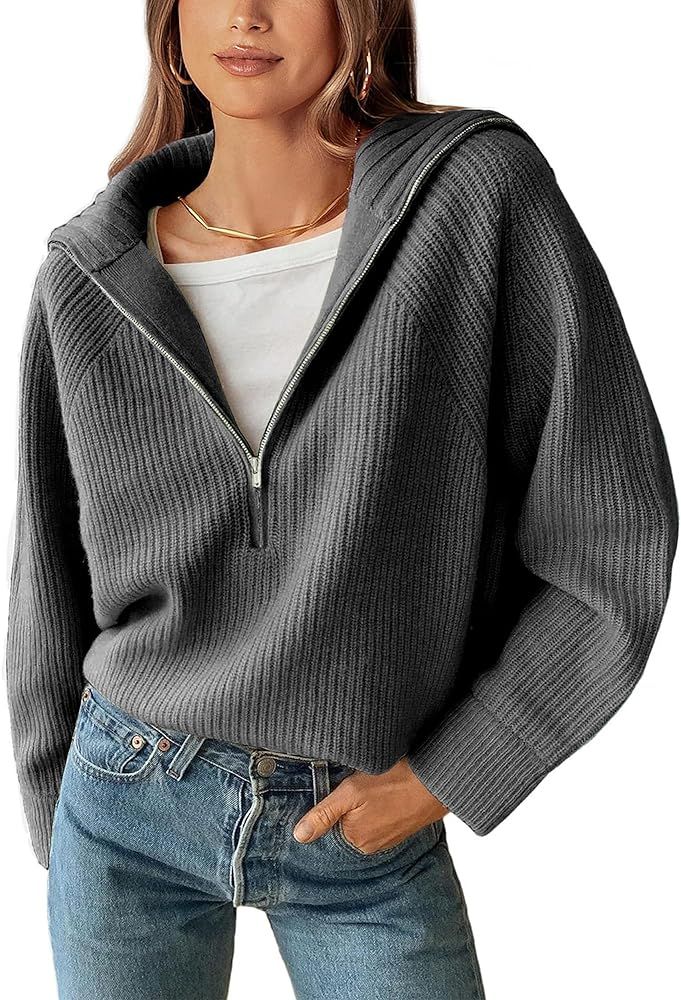 BTFBM Women’s Casual Long Sleeve Half Zip Pullover Sweaters Solid V Neck Collar Ribbed Knitted ... | Amazon (US)