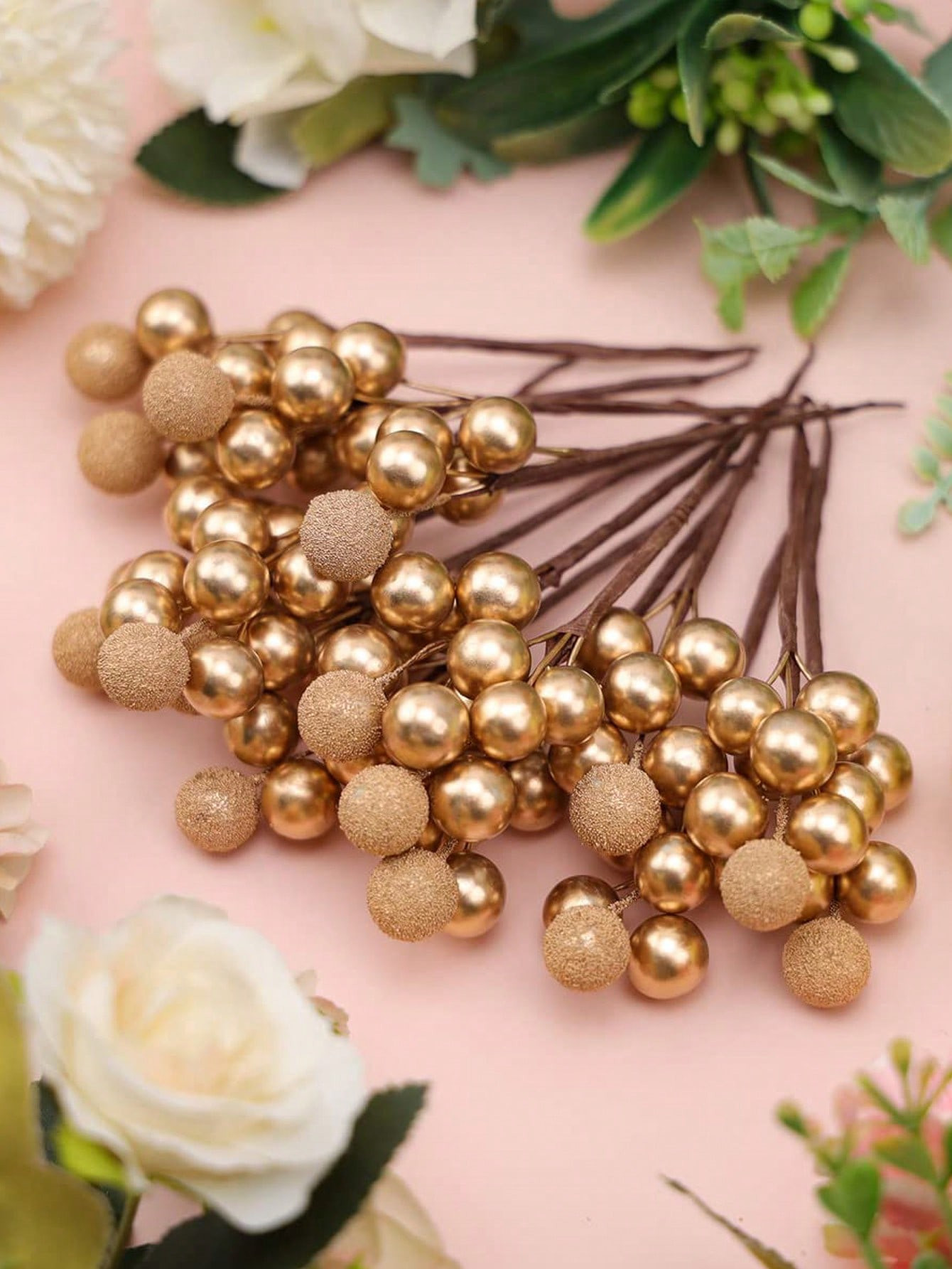 12pcs-Foam Artificial Glitter Berries Flower Bouquet,Gold Barberry Artificial Berries,Artificial ... | SHEIN