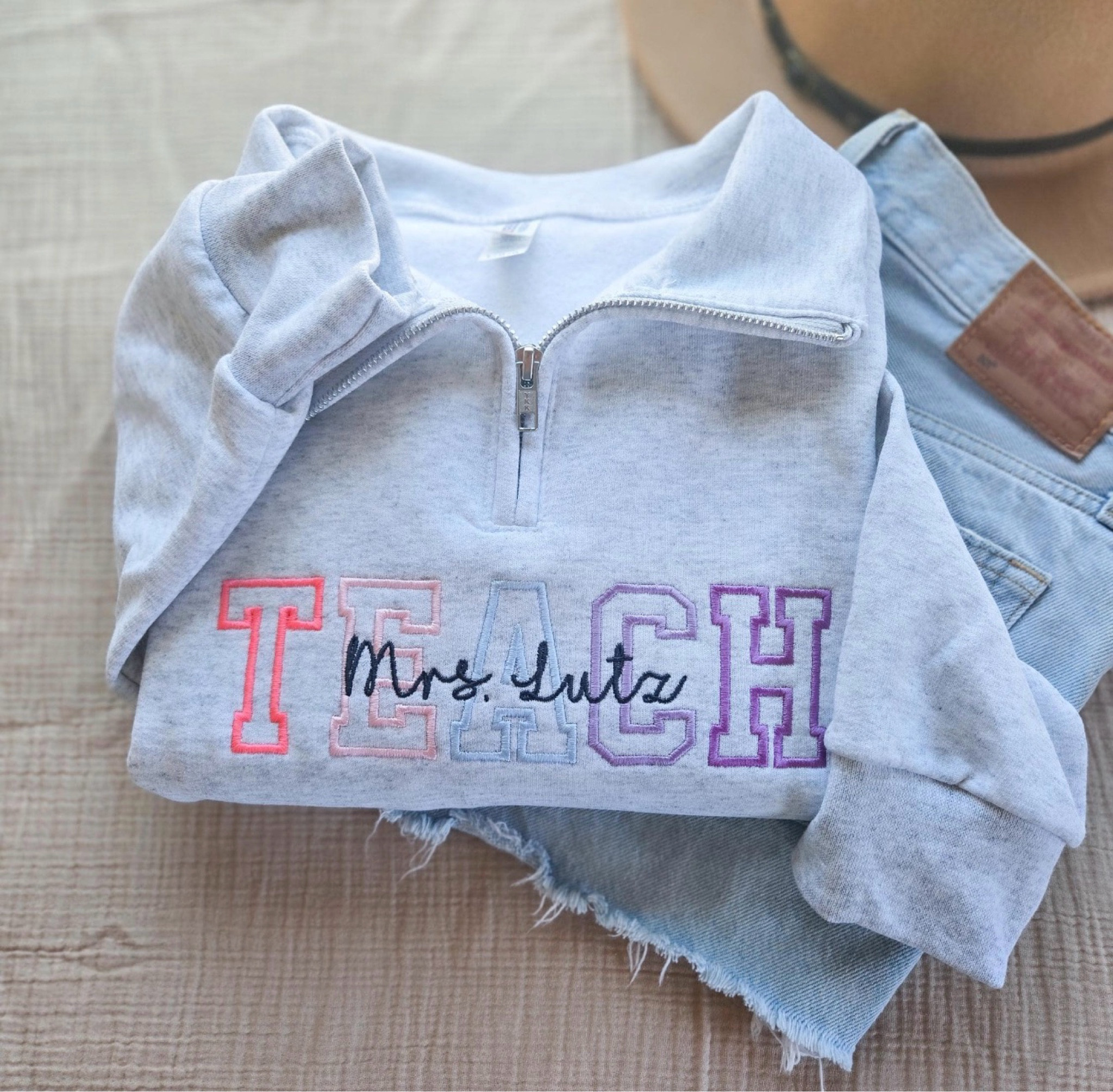Embroidered Teach Varsity Sweatshirt-Teachers Name-Quarter-zip Sweatshirt-Custom Embroidered Sweater-Teacher Appreciation end of the year teacher gift