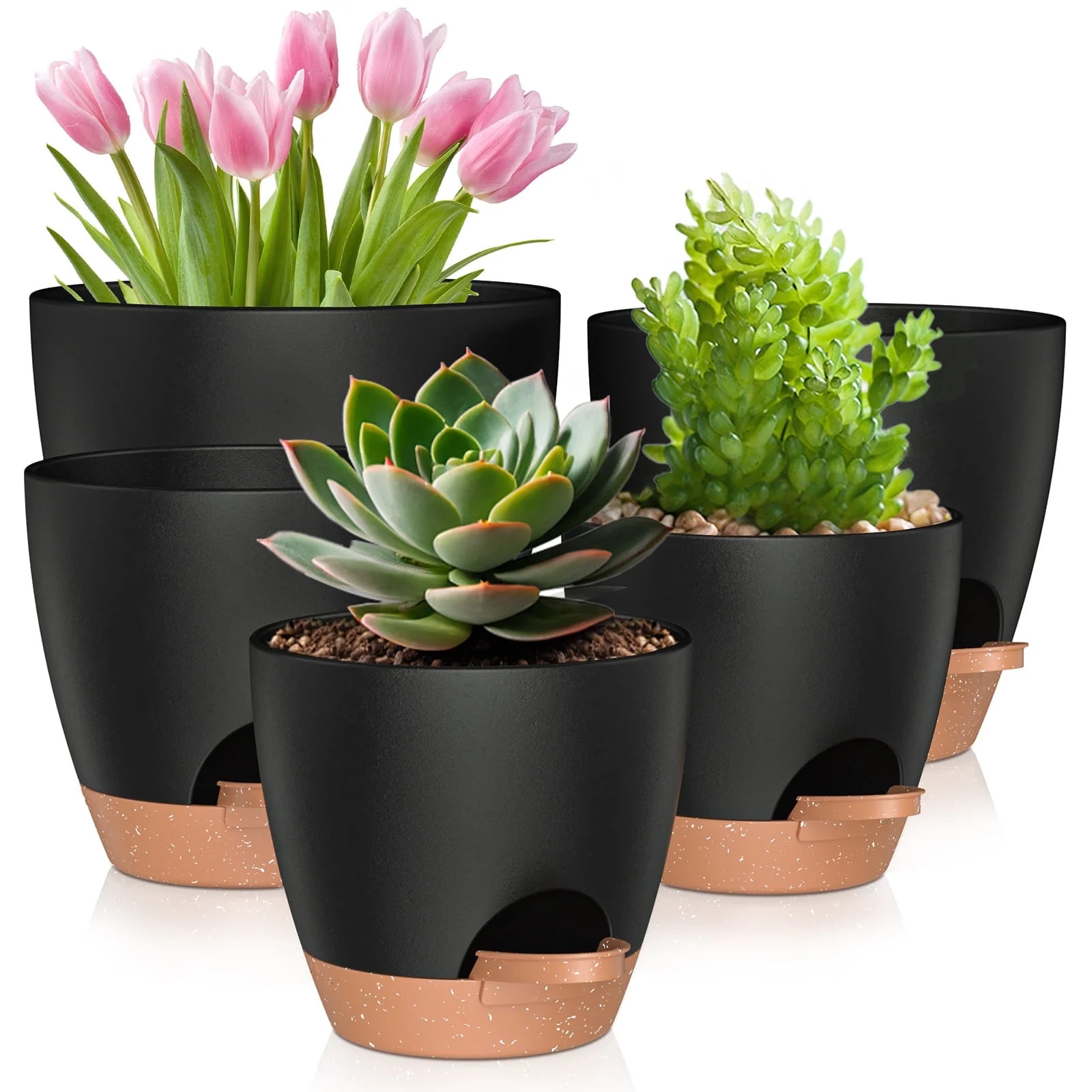5 Pack Self Watering Plant Pots, Plastic Planters with Drainage Holes and Saucers, Flower Pots fo... | Walmart (US)