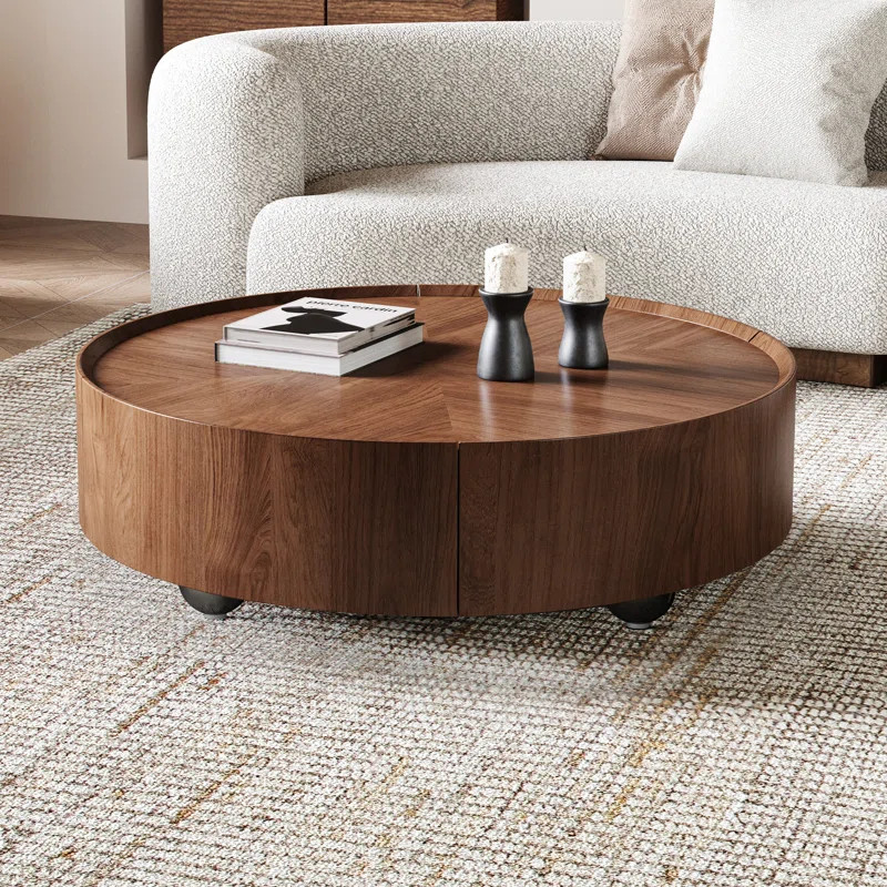 Latitude Run® Shanea Industrial Walnut Round Coffee Table with Storage Drawers for Living Room a... | Wayfair North America