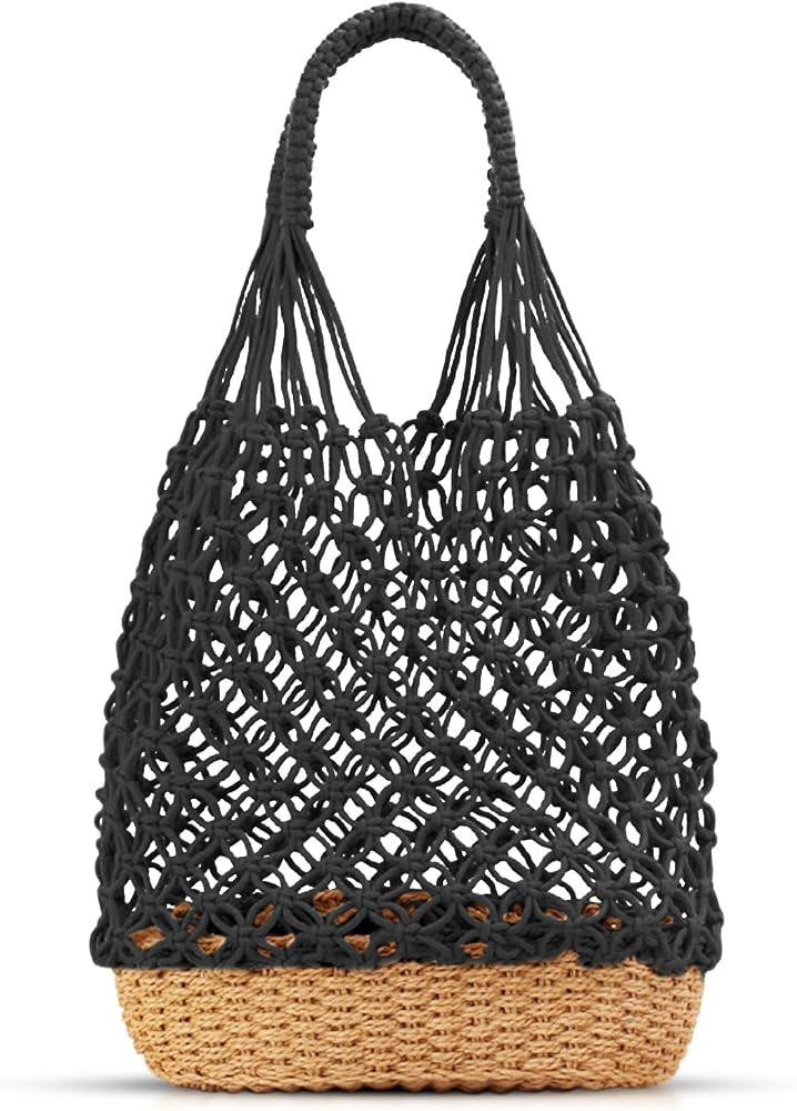 Tote Bag for Women, Hand-woven Knitted Cotton Patchwork Base Straw Bag, Beach Bag for Vacation Tr... | Amazon (US)