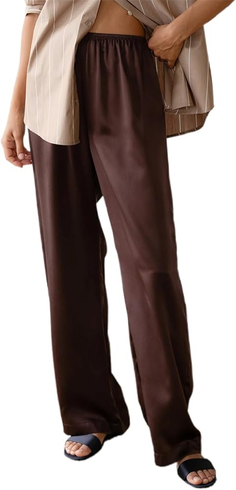 Womens Satin Pajama Bottoms Casual Drawstring Elastic Waist Wide Leg Silk Pajama Pants Loose Fit ... | Amazon (US)