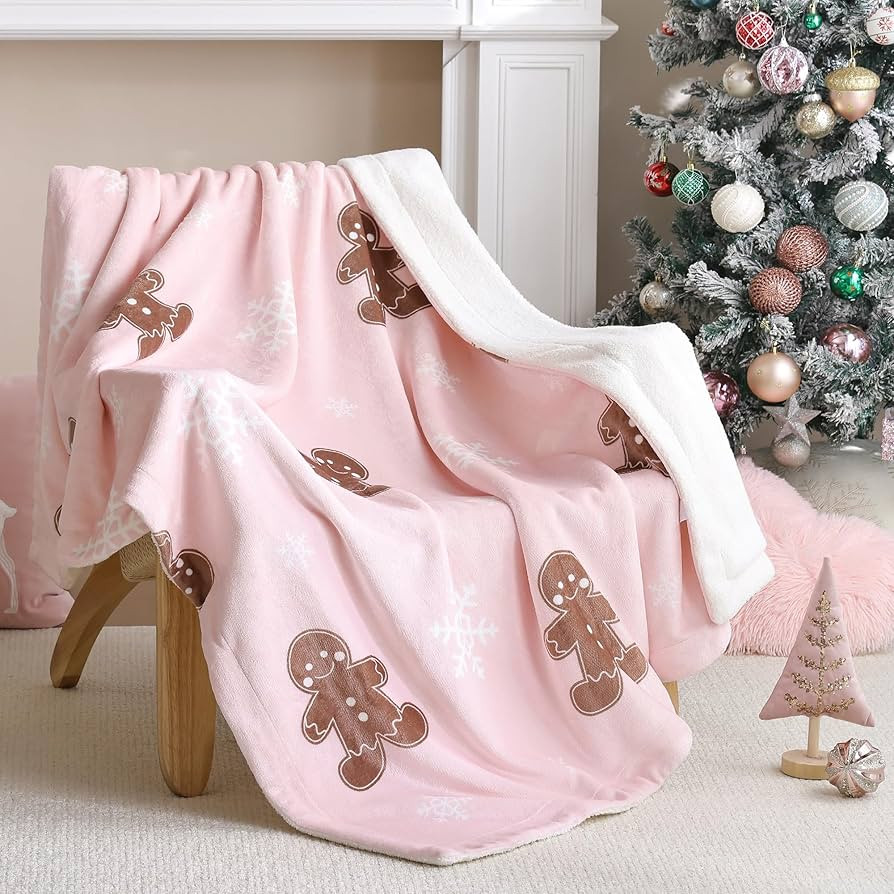 TRUEDAYS Pink Throw Blanket - Christmas Fluffy Blanket with Gingerbread and Snowflake Pattern - R... | Amazon (US)