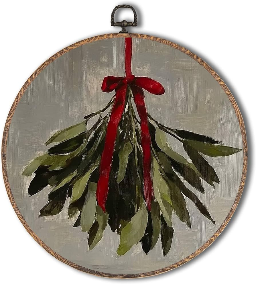 Yorhifa Vintage Christmas Mistletoe Framed Wall Art, Coquette Red Bow Mistletoe Round Wall Art, R... | Amazon (US)