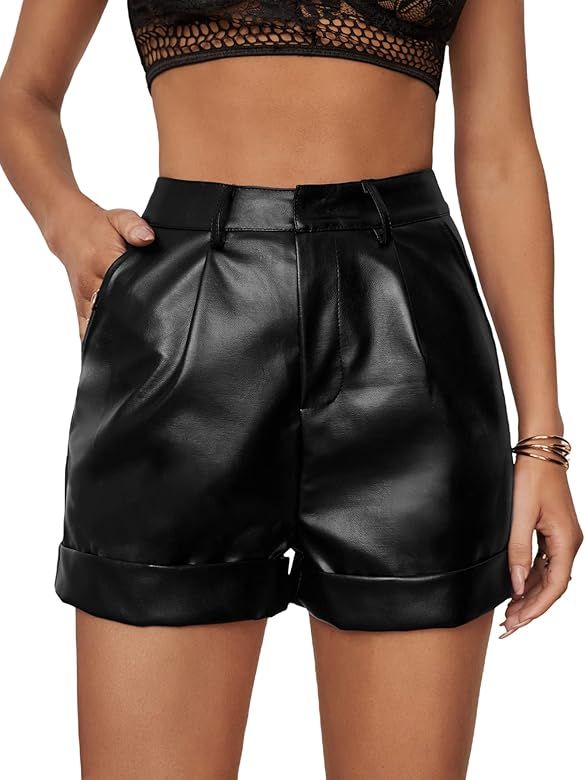 Women's High Waisted PU Leather Shorts Roll Hem Shorts with Pockets | Amazon (US)