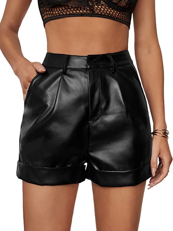 Women's High Waisted PU Leather Shorts Roll Hem Shorts with Pockets | Amazon (US)