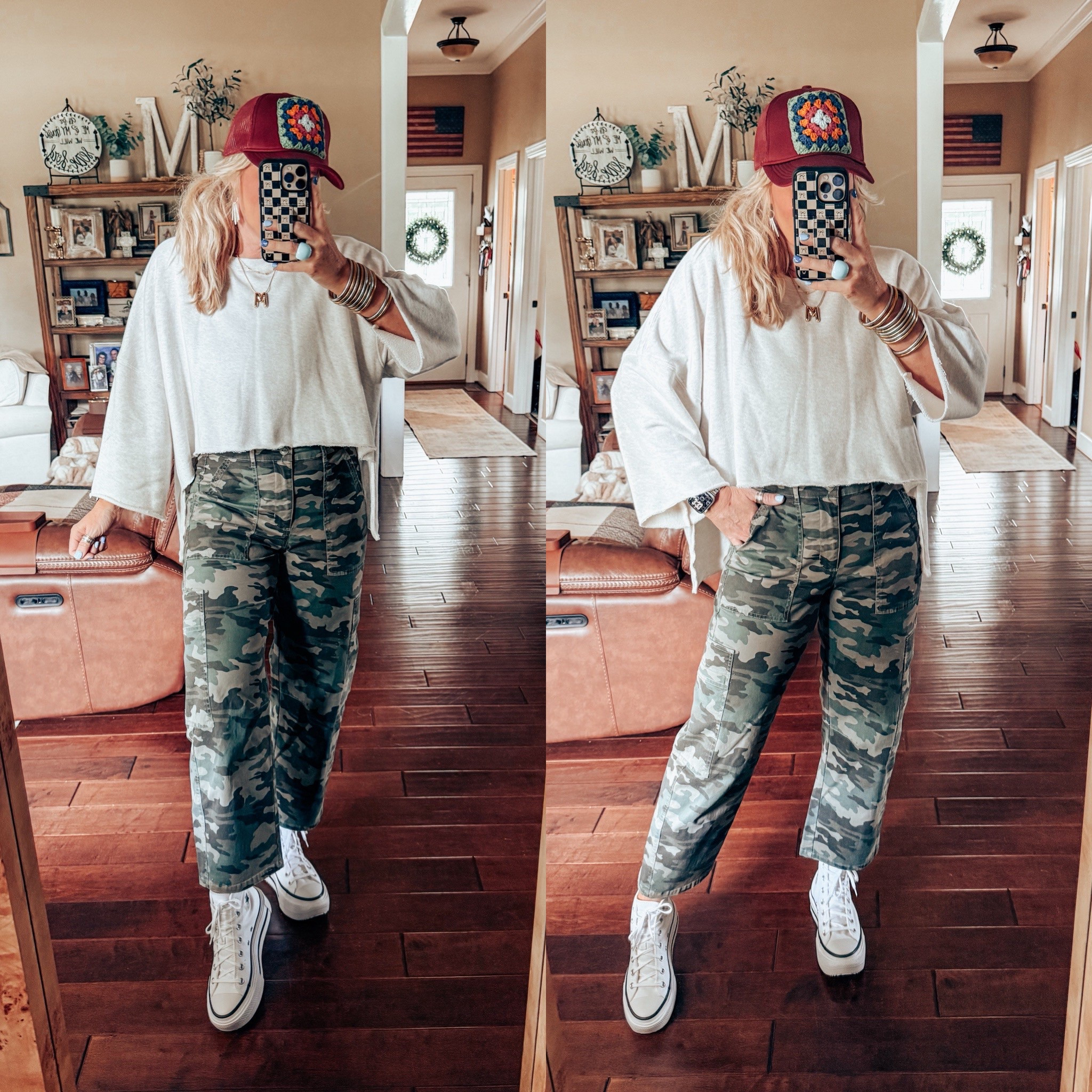 This turned out to be the cutest sweatshirt! I’ll be doing this again and again! 
Sweatshirt - older and oversized 
Camo pants -  size 8 
Converse - sized down one 

#LTKStyleTip #LTKOver40 #LTKShoeCrush