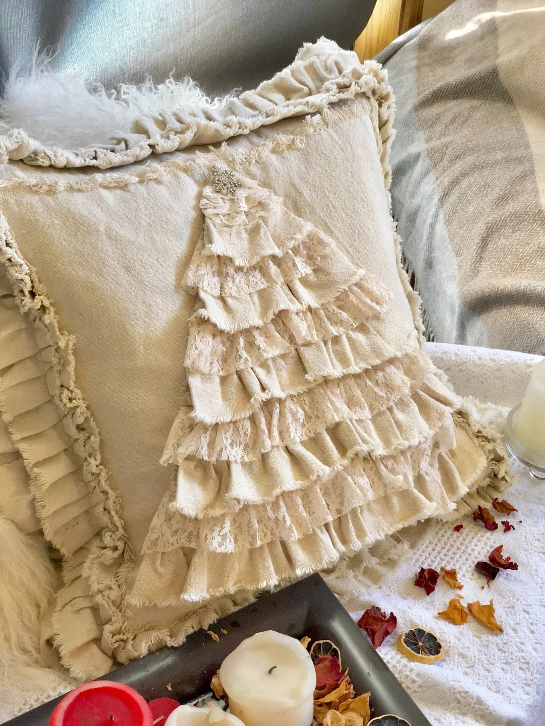 Merry Christmas Tree Custom Pillows Cover with Ruffles Canvas Case 20x20 Lace Shabby French Count... | Etsy (US)