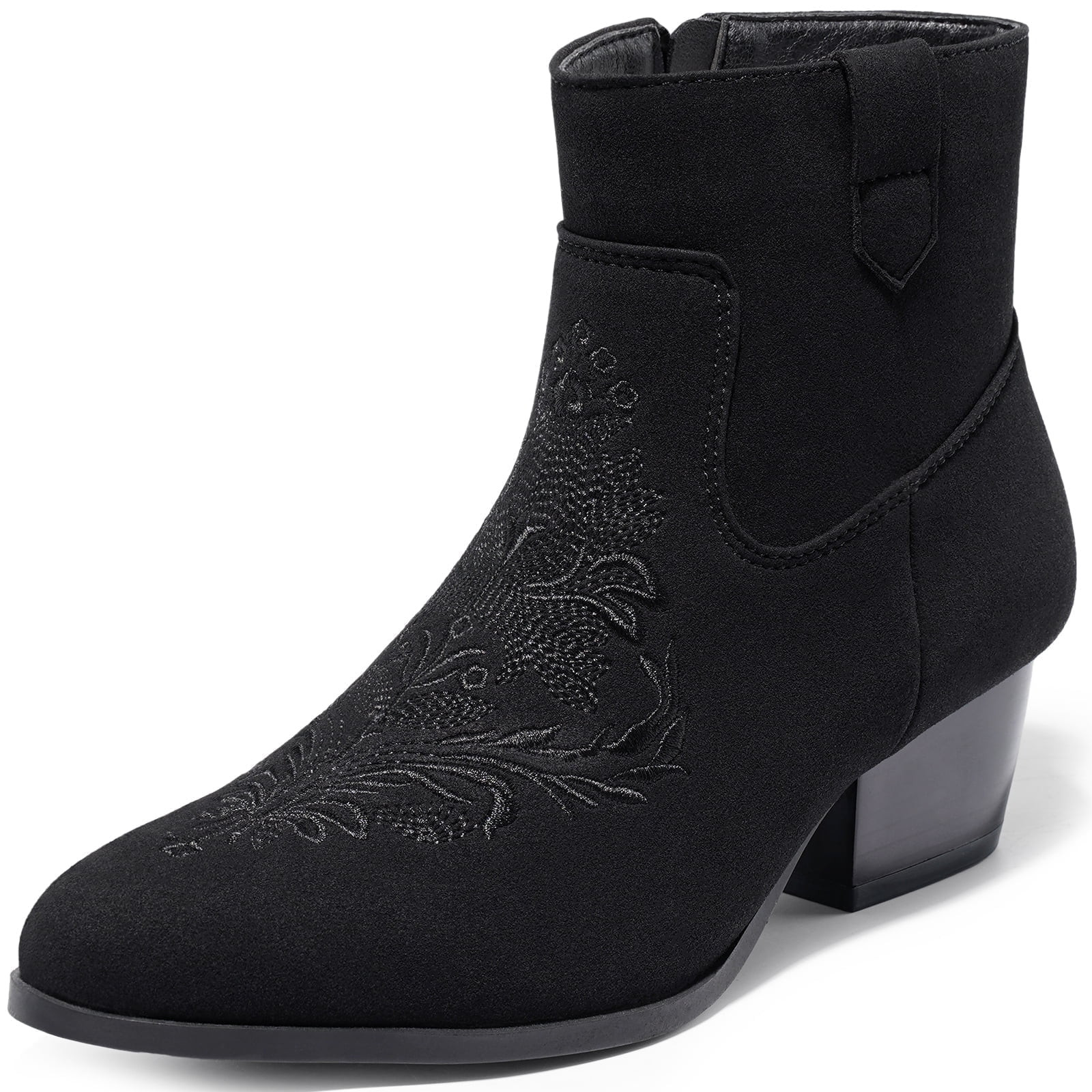 PUBOOM Women Low Heel Ankle Boots Chunky Cowgirl Faux Suede Booties with Embroidery | Walmart (US)