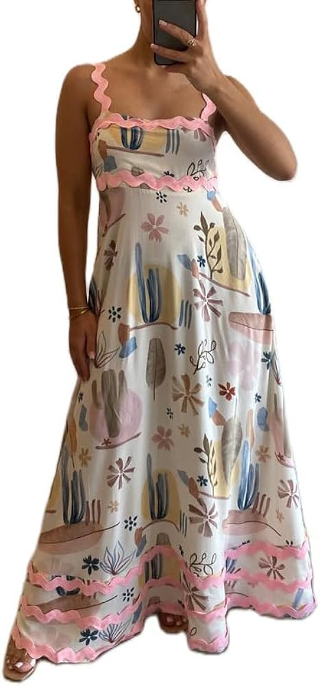Women Boho Colorful Spaghetti Strap Dress Summer Vacation Beach Long Sun Dress RIC Rac Floral Flo... | Amazon (US)
