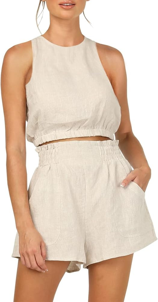 Eurivicy Women's 2 Piece Outfits Sleeveless Crop Tank Top and High Waist Pocketed Shorts Loose Su... | Amazon (US)