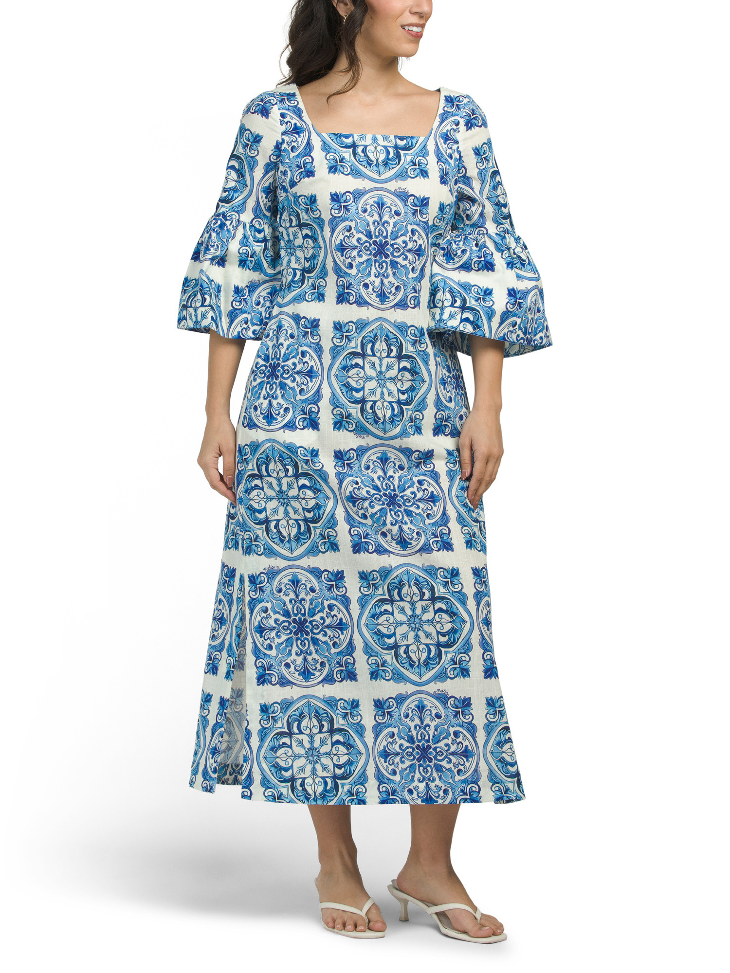 Three-quarter Sleeve Tile Print Midi Dress | TJ Maxx