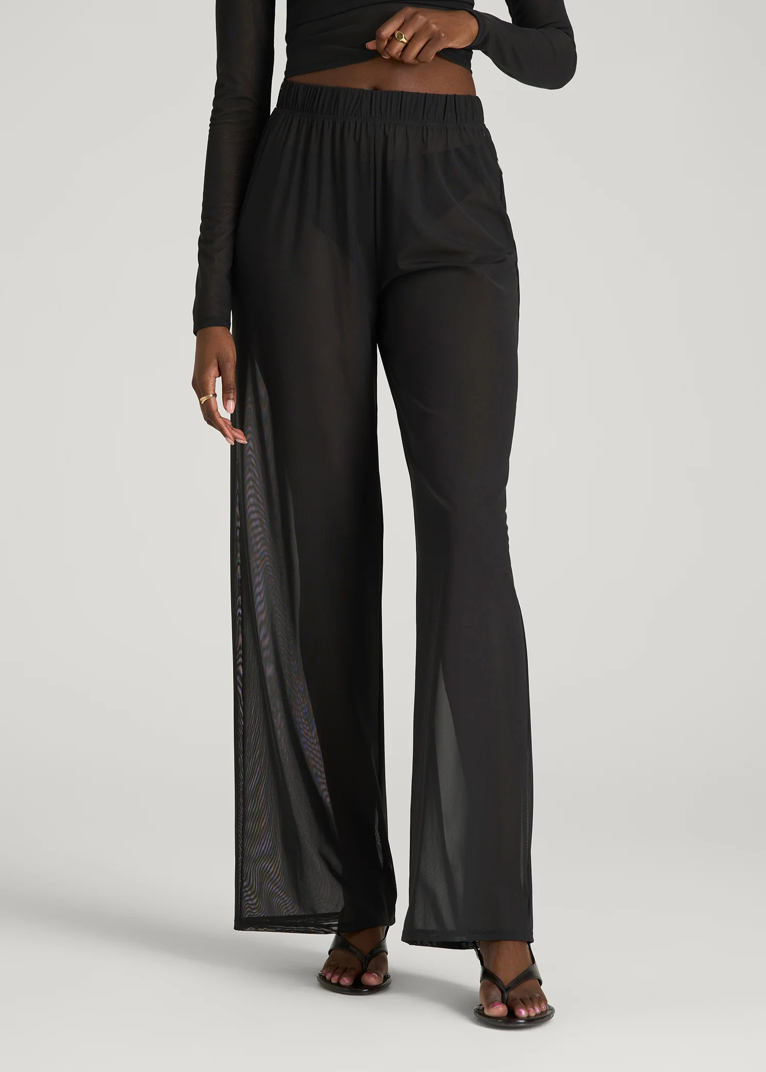 Power Mesh Wide-Leg Pants for Tall Women in Deep Black | American Tall