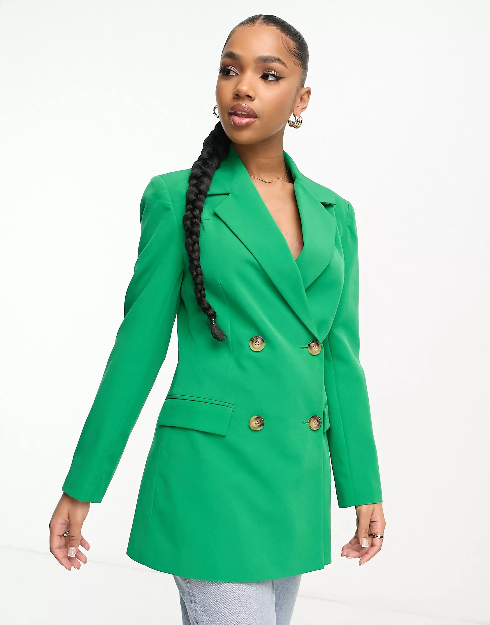 Miss Selfridge longline fitted waist blazer in bright green | ASOS (Global)