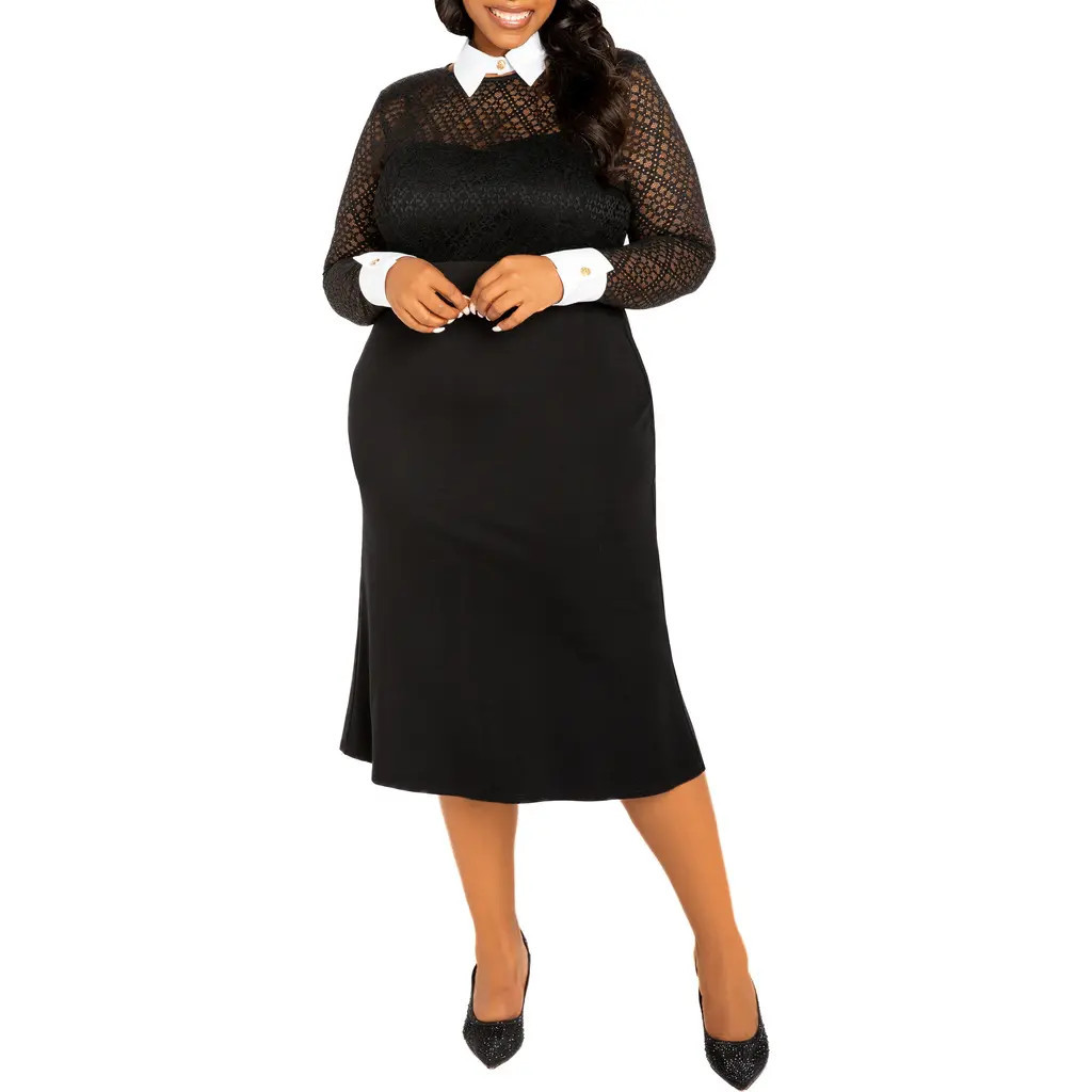 BUXOM COUTURE Lace Collar Long Sleeve Midi Dress in Black at Nordstrom, Size 1X | Nordstrom