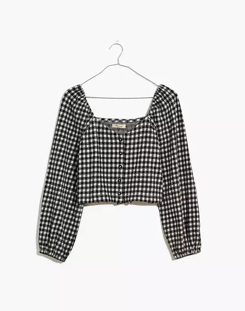 Gingham Puff-Sleeve Button-Front Crop Top | Madewell