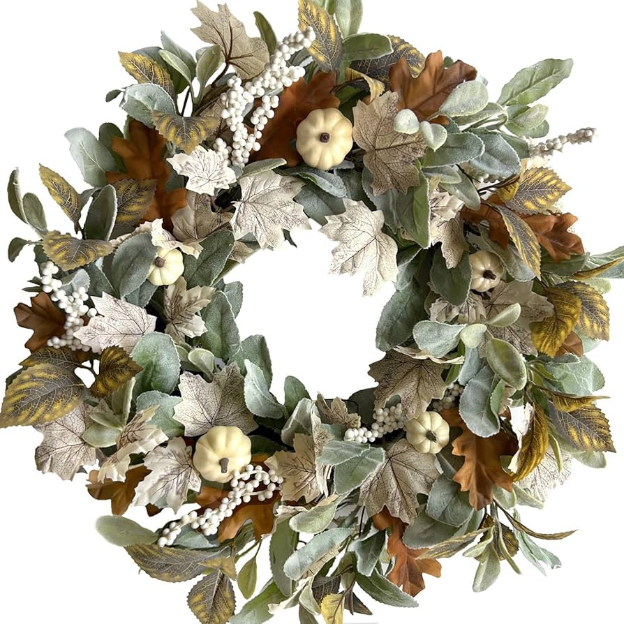 TEMPUS Artificial 20 inch Wreath Fall Maple Leaves Wreath,White Berry with White Pumpkin Wreath f... | Amazon (US)