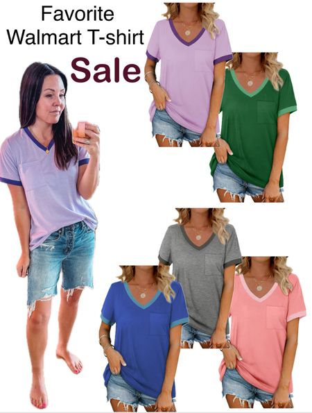 My favorite pocket v neck t- shirt from @walmart is on sale for under $15 and comes in so many colors! Wearing size small. 
I bought it in lavender, blue, And green! 
#walmartpartner 

#LTKxWalmart #LTKSaleAlert