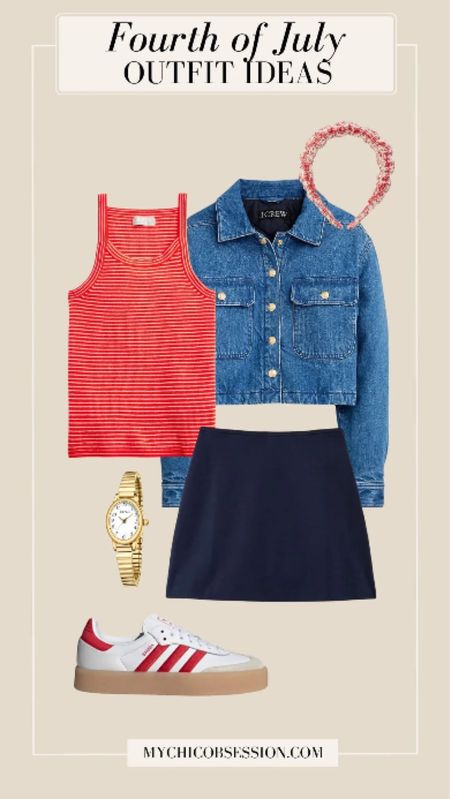 First, start with a striped red tank top. Just like the tank from the last look, this one features a flattering high neck and cutaway sleeves. Layer a denim jacket with gold buttons on top in case the night gets chilly later on! 

On the bottom, try a navy skirt to continue the classic color scheme. Then, complete the look with red striped sambas with a platform sole, a gold watch, and a fun frilled headband with a red gingham pattern. 

#LTKSeasonal #LTKStyleTip
