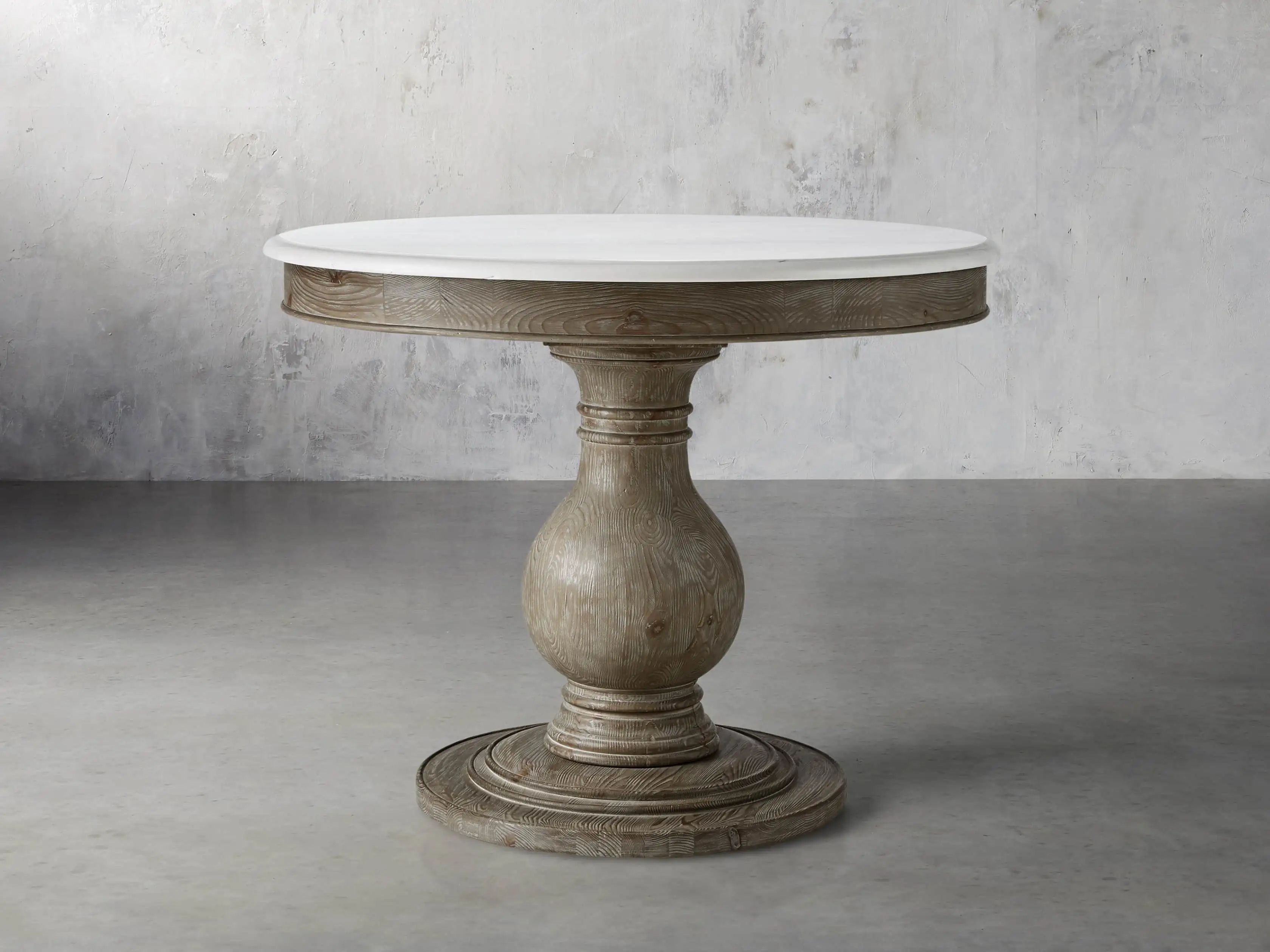Luca 60"" Round Pedestal Dining Table with White Marble Top in Rustic Grey | Arhaus
