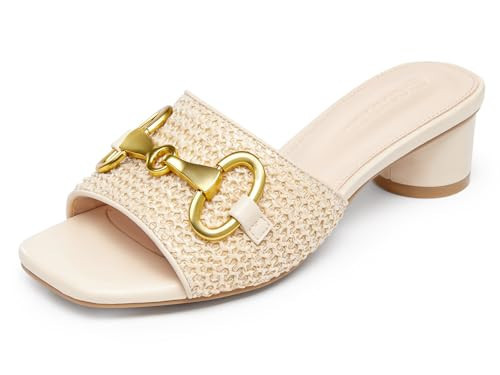 Coutgo Womens Heeled Slides Sandals Square Open Toe Slip on Comfortable Kitten Block Low Heel Metal Chain Dressy Shoes | Amazon (US)