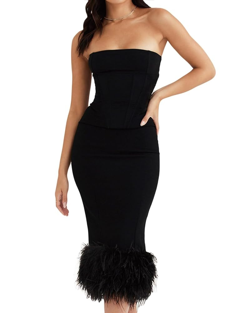 houstil Women's Wedding Guest Dress Feather Sleeveless Mermaid Evening Off Shoulder Party Cocktai... | Amazon (US)