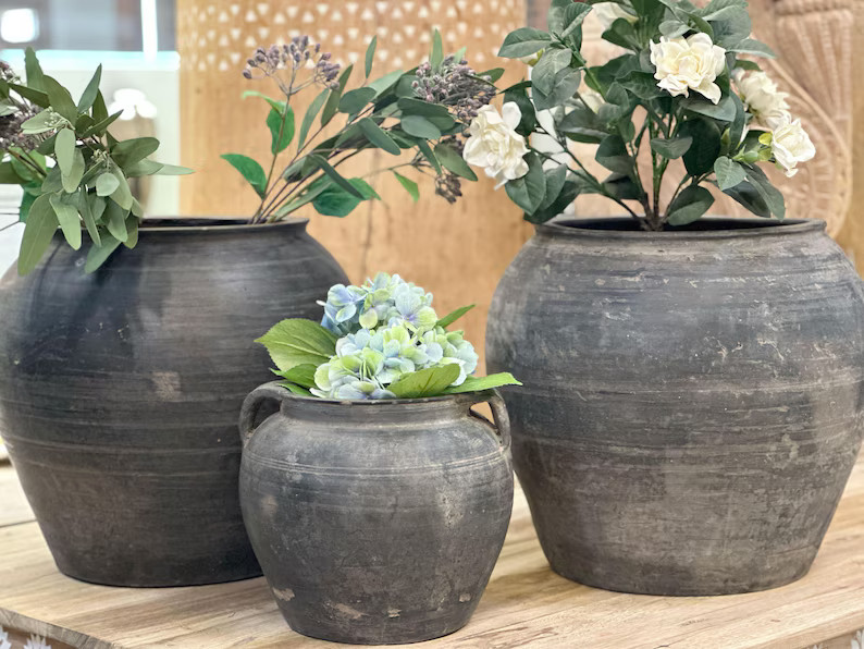 Vintage Clay Charcoal Urn, Aged Charcoal Vintage Vase, Rustic Charcoal Clay Pot, Vintage Primitiv... | Etsy (US)