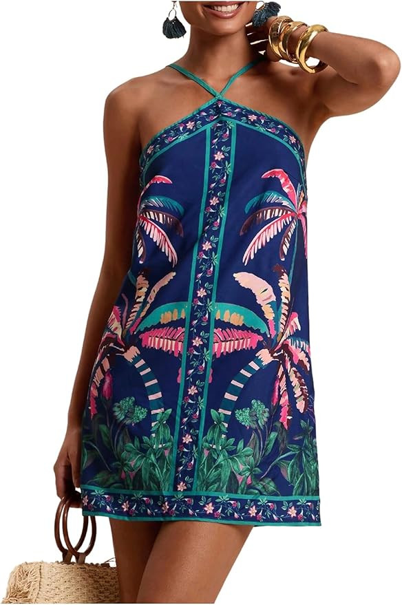 MakeMeChic Women's Boho Tropical Halter Mini Dress Backless Summer Vacation Dresses Floral Sundre... | Amazon (US)