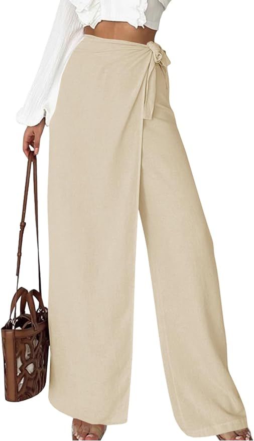 Cicy Bell Women's Wide Leg Wrap Pants Fashion Casual Tie Waist Loose Flowy Pants | Amazon (US)