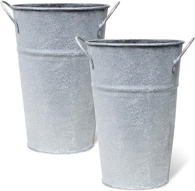 Arbor Lane Rustic Tin Flower Vase - 8 Inches Tall - French Bucket, Farmhouse Style - Set of 2 (Wh... | Amazon (US)