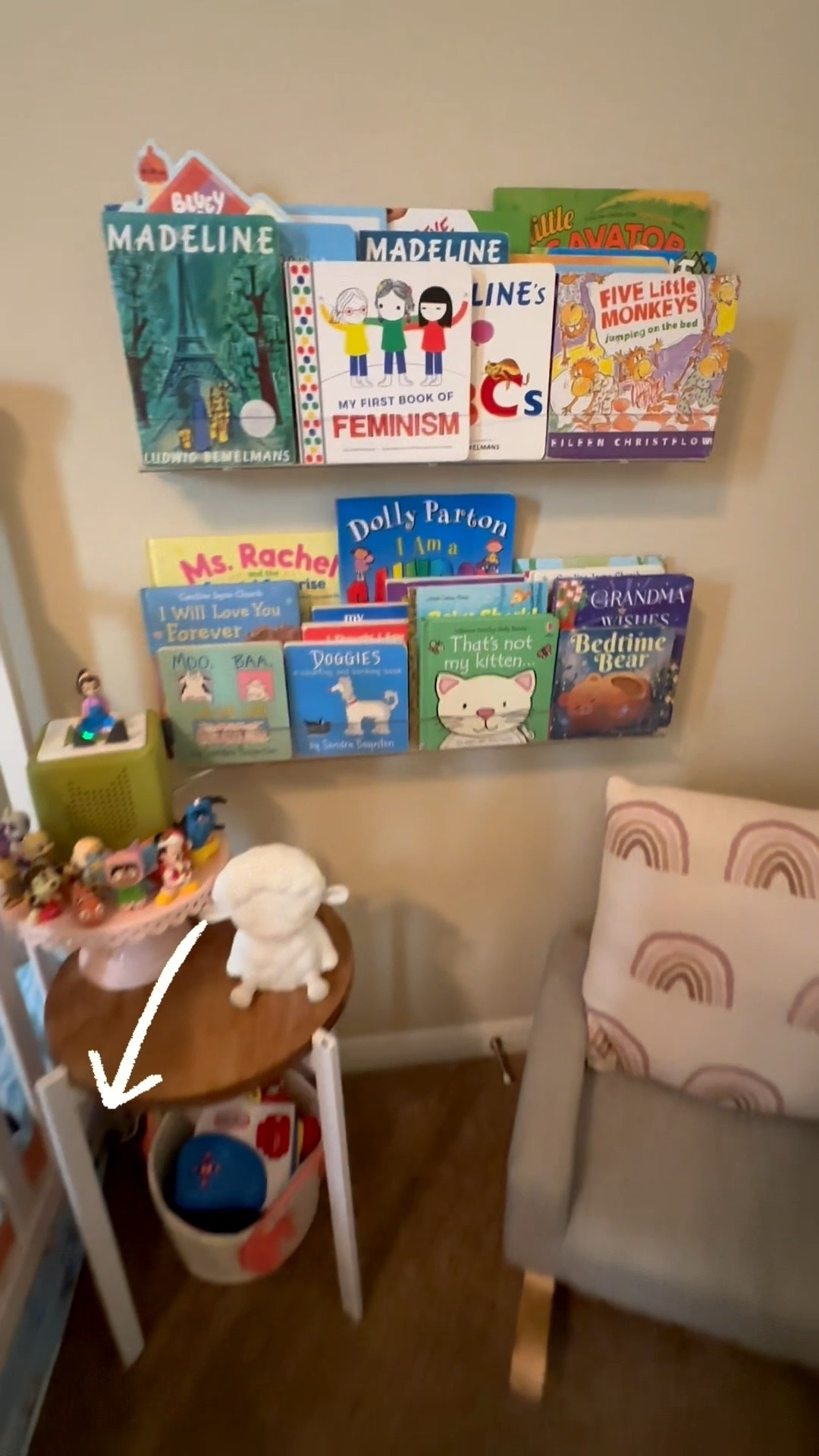 Linked these shelves, everything I used and all of the items shown in my daughter's cozy corner here for you! I'm so happy with the way these turned out 😍

#acrylicshelves #bookshelves #hangingshelves #nursery #childrensroom #books #boardbooks #toniebox #tonies #toddlerbed #crib #bluey #msrachel #rainbow #kids #diy

#LTKKids #LTKmomlife #LTKstorytime