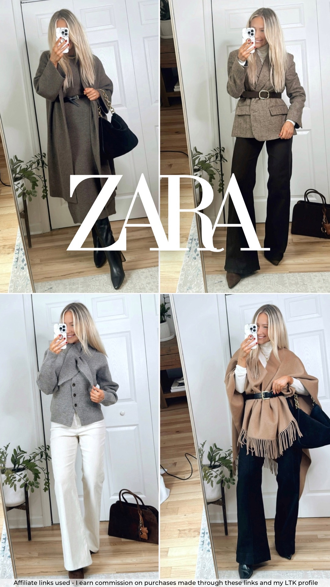 Zara fall outfits 🍂 Sizing info⬇️:
-Long duster cardigan: medium
-Belted sweater dress: medium
-Belted brown herringbone blazer: medium (probably should have gone with a small)
-Gray scarf cardigan sweater: small
