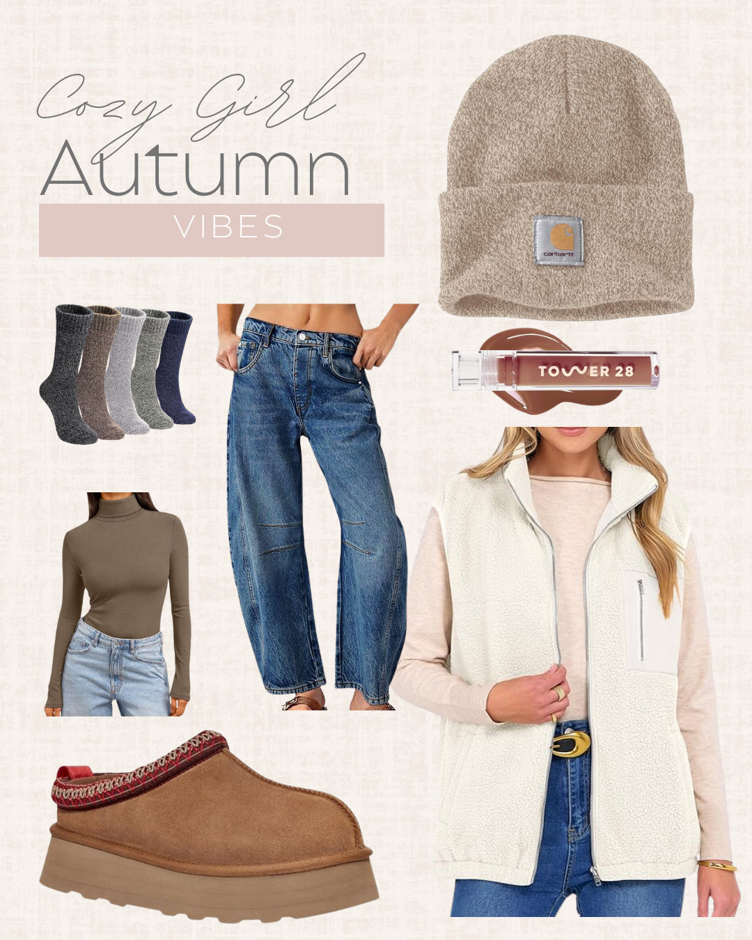 ✨ Cozy Girl Autumn Vibes ✨
If your fall mood = warm socks, oversized denim, sherpa layers, and a good lip gloss… same 🤎 This look is all about effortless comfort with pieces you’ll wear on repeat all season.

🍂 Shop the essentials:
✔️ Sherpa vest for layering
✔️ Wide-leg denim for a relaxed fit
✔️ Neutral turtleneck for endless outfits
✔️ Cozy socks + Carhartt beanie = fall staples
✔️ Platform clogs + glossy lip for that finishing touch

Tap to shop everything and get your cozy girl autumn wardrobe started today!

#LTKFallStyle #LTKUnder50 #FallOutfitInspo #CozyStyle #LTKSeasonal 

 #LTKSeasonal #LTKFindsUnder50 #LTKStyleTip