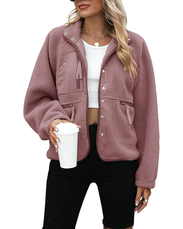 Yanekop Womens Fleece Jacket Fuzzy Long Sleeve Short Coats Button Down Sherpa Outerwear with Pock... | Amazon (US)
