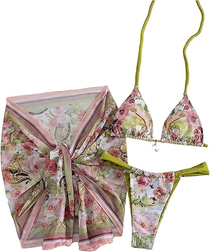 RoseSeek Women's 3 Piece Floral Bikini Sets Halter Bras and Thongs with Tie Front Skirts Summer B... | Amazon (US)