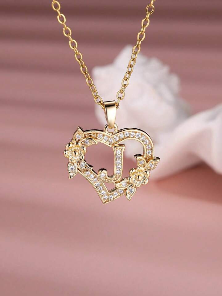 Tsnamer 1Pc Exquisite Cubic Zirconia Initial Necklace Heart Carved 26 Letter A-Z And Flower Neckl... | SHEIN