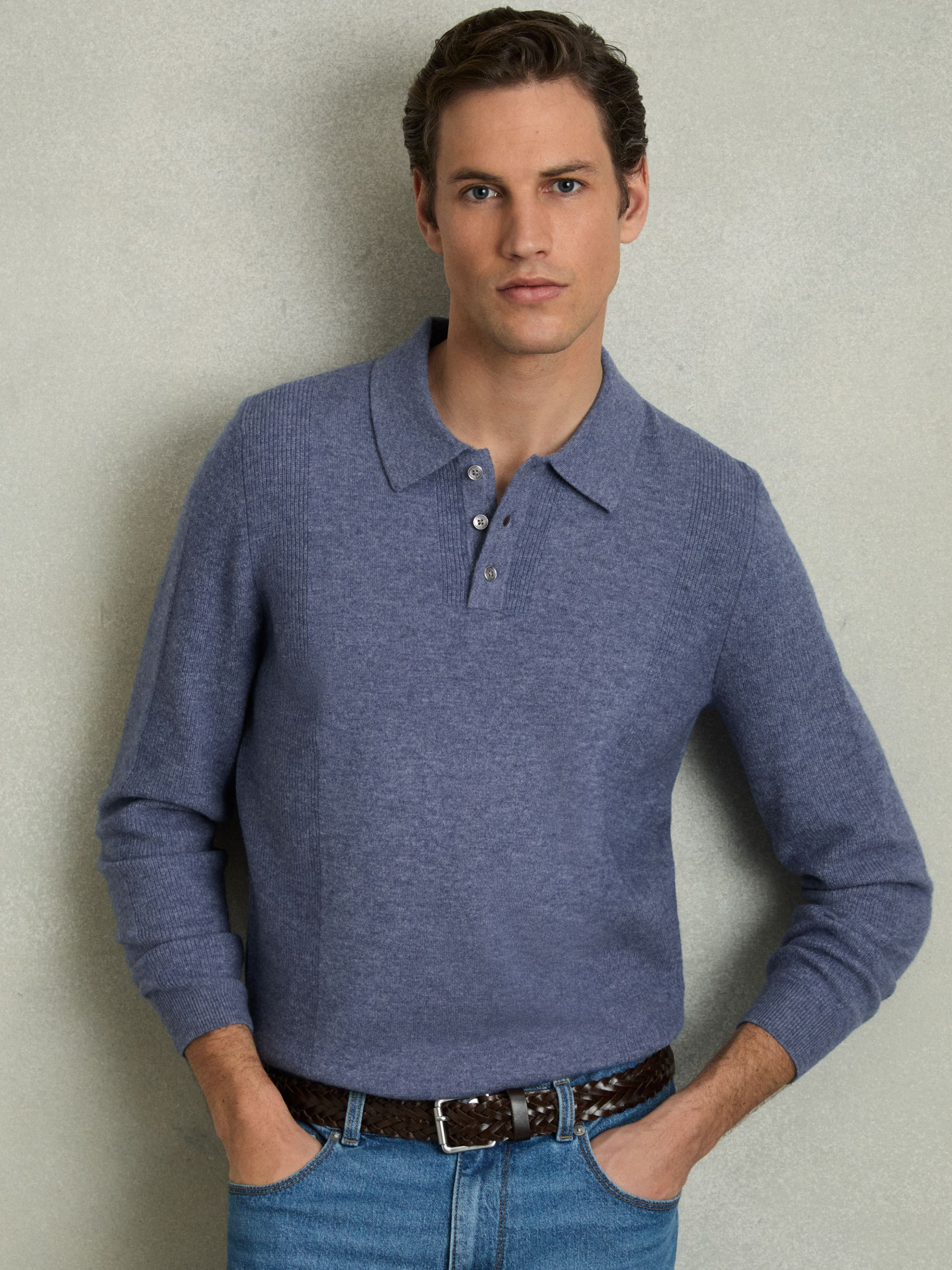 Wool Textured Long Sleeve Polo Shirt in Soft Blue | Reiss UK