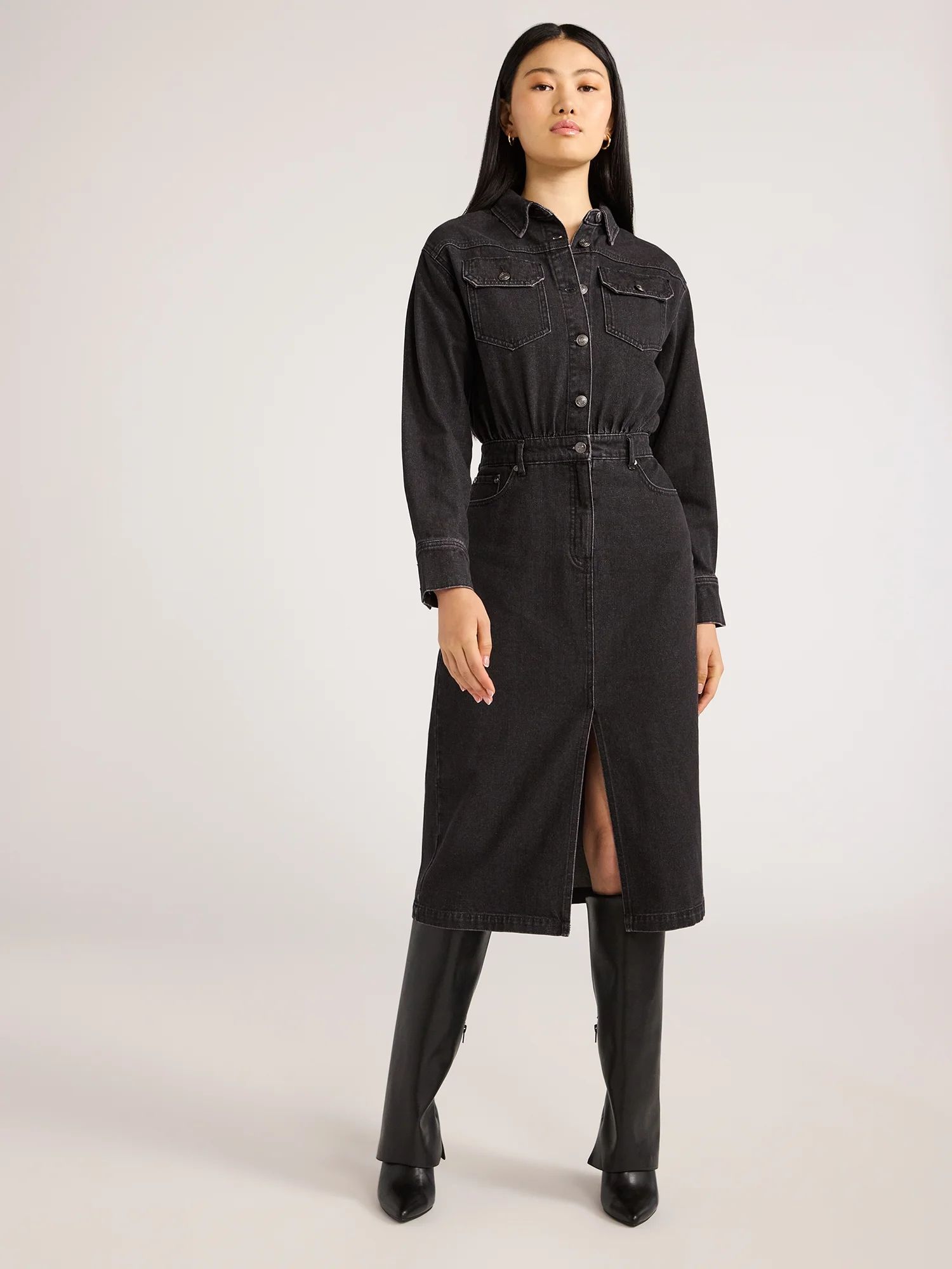 Scoop Women's Midi Denim Shirt Dress, Sizes XS-XXL - Walmart.com | Walmart (US)