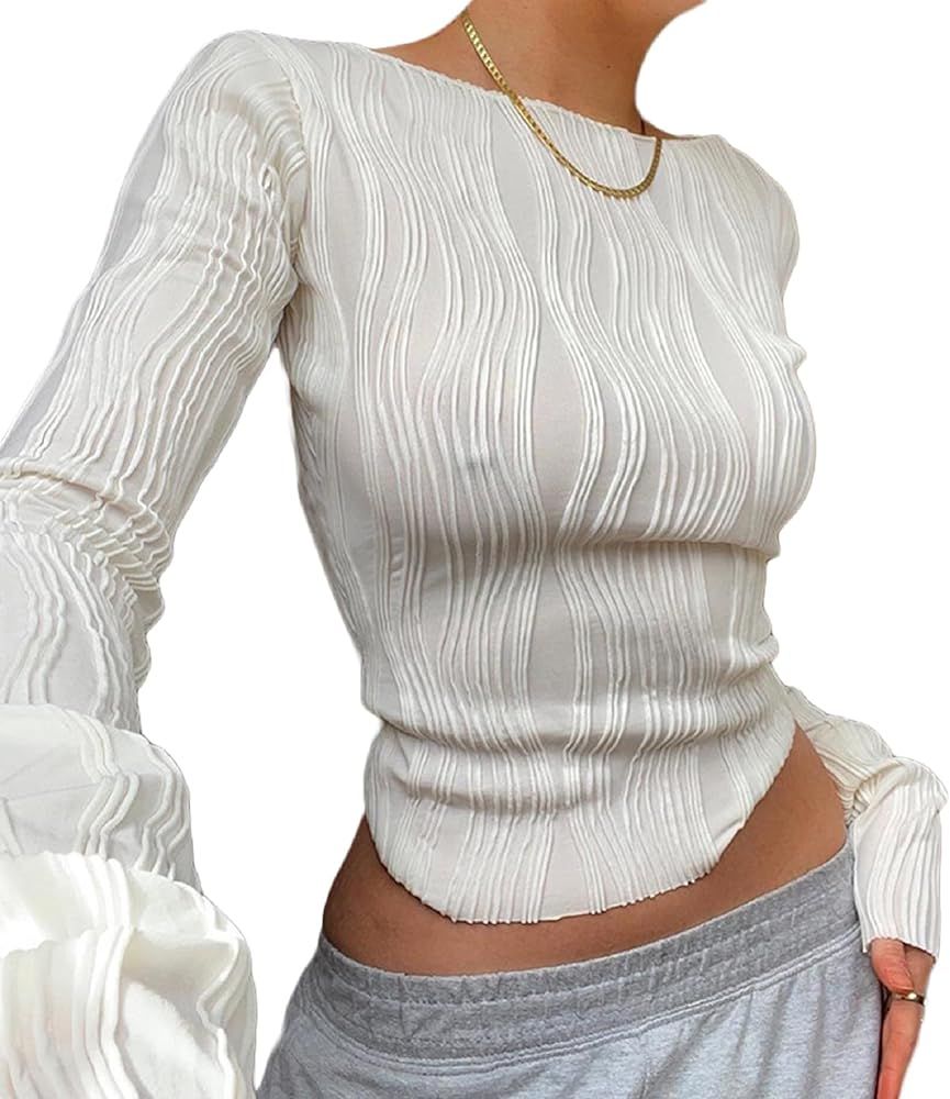 KMBANGI Women Sexy Slim Crop Shirt Long Sleeve Crewneck Fitted Tshirts Top Knit Cropped Tee Blous... | Amazon (US)