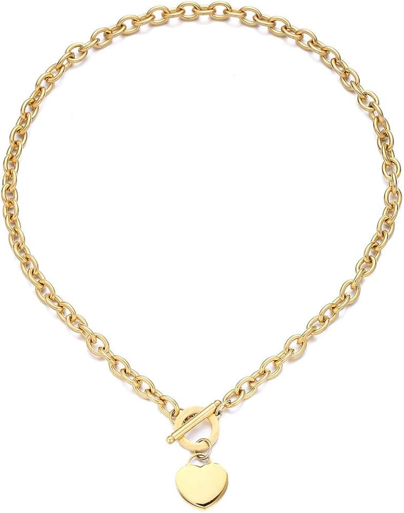 Amazon.com: WangGao Elegent Love Blank Heart Charms Stainless Steel Link Chain Necklace for Women... | Amazon (US)