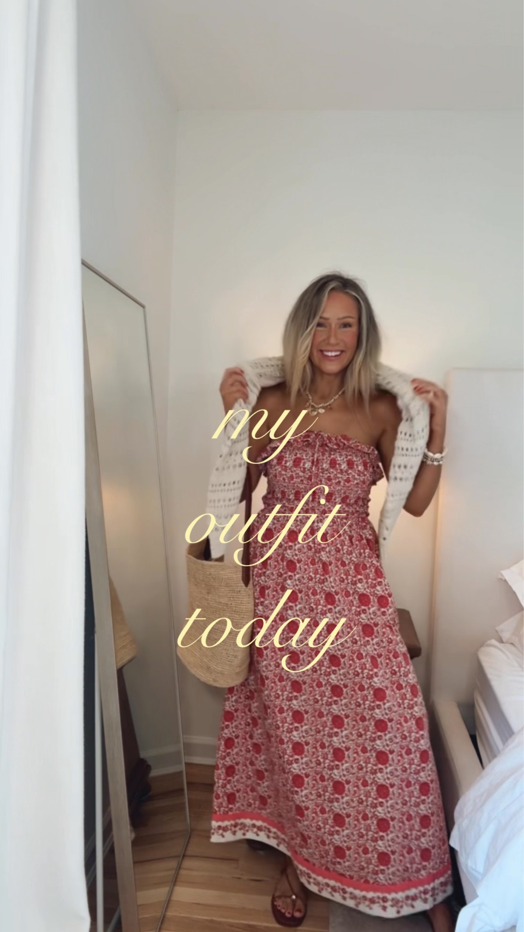 Affiliate links - I earn commission on purchases made through my links | casual summer outfits
Target dress
Target crochet sweater
Straw bucket bag
Flat sandals