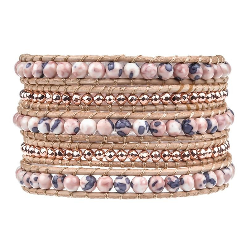 Pink Marbled Stone with Rose Gold Beads on Natural | Victoria Emerson