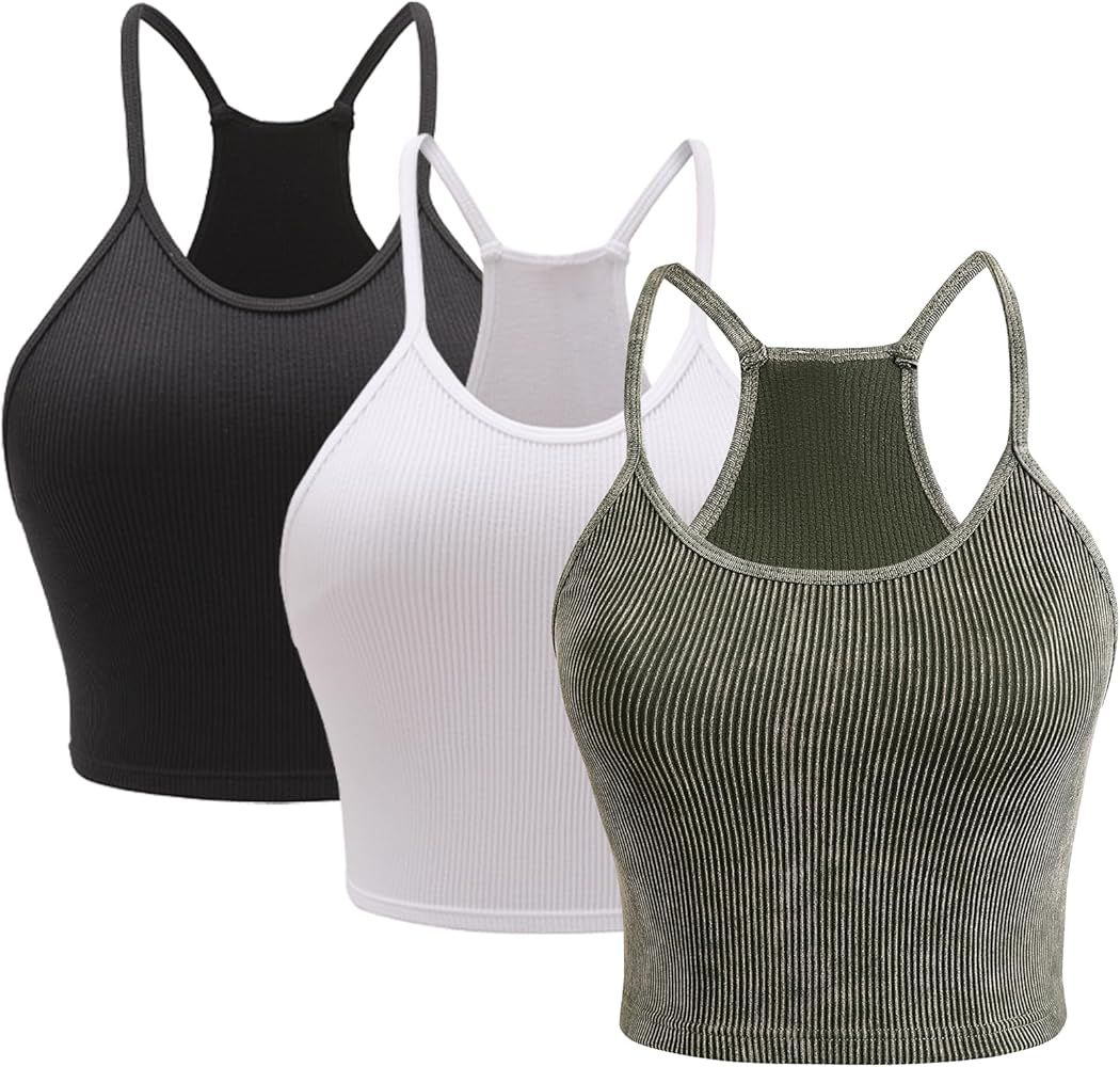 Ribbed Crop Tank Top Pack for Women Seamless Racerback Spaghetti Strap Cami Workout Sports Croppe... | Amazon (US)