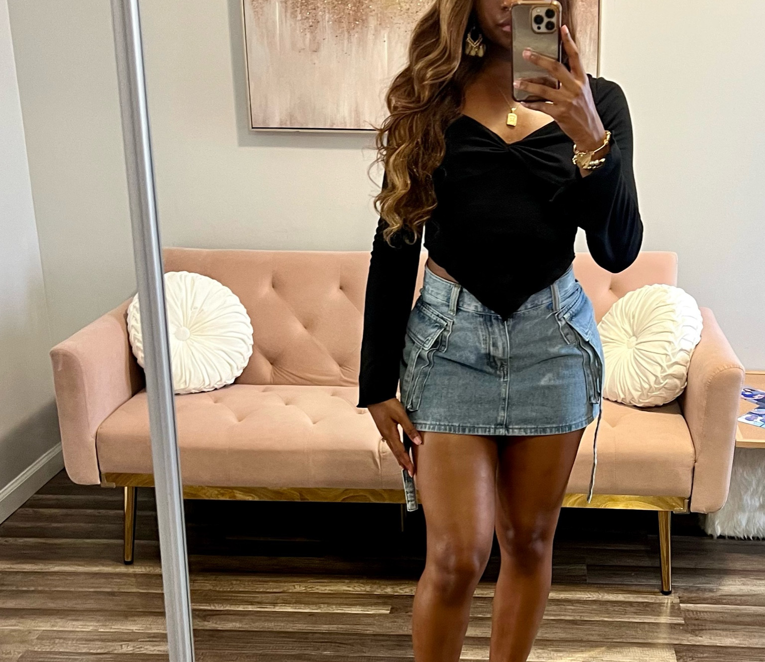 Cute Summer Outfit & Pink Couch! Trumpet Sleeve Lettuce Trim Twist Hanky Hem Crop Tee &  Street Flap Pocket Tape Detail Cargo Denim Mini Skirt & 

#LTKSeasonal #LTKstyletip #LTKhome