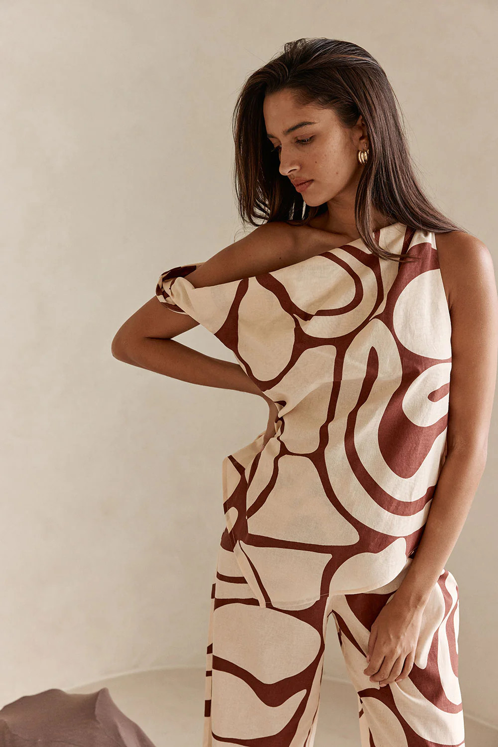 Cream Zephyr Print Asymmetric One Shoulder Saela Top | Sabo Skirt US