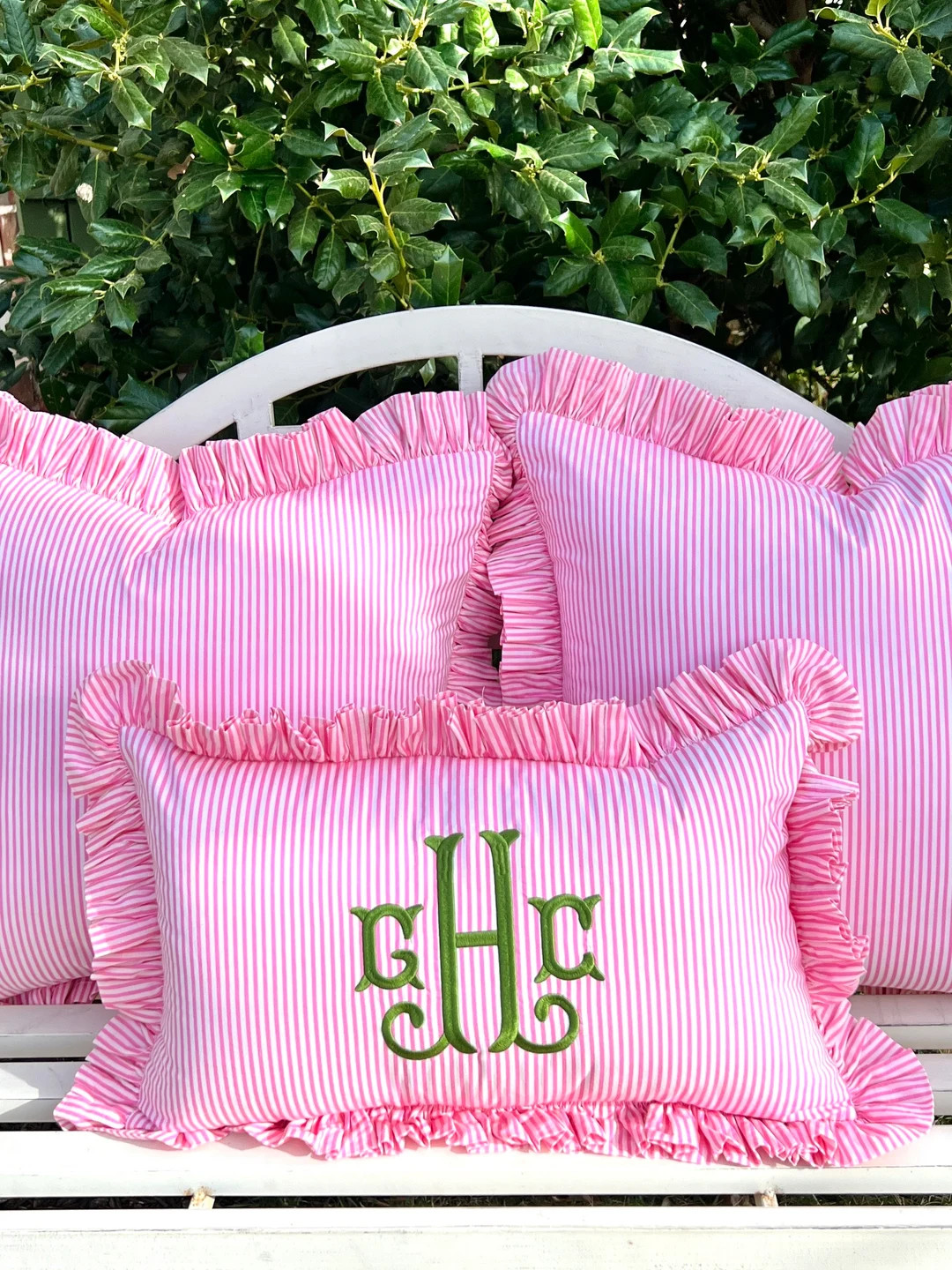 Pink and White Striped Pillow Cover With Ruffle Trim - Etsy | Etsy (US)