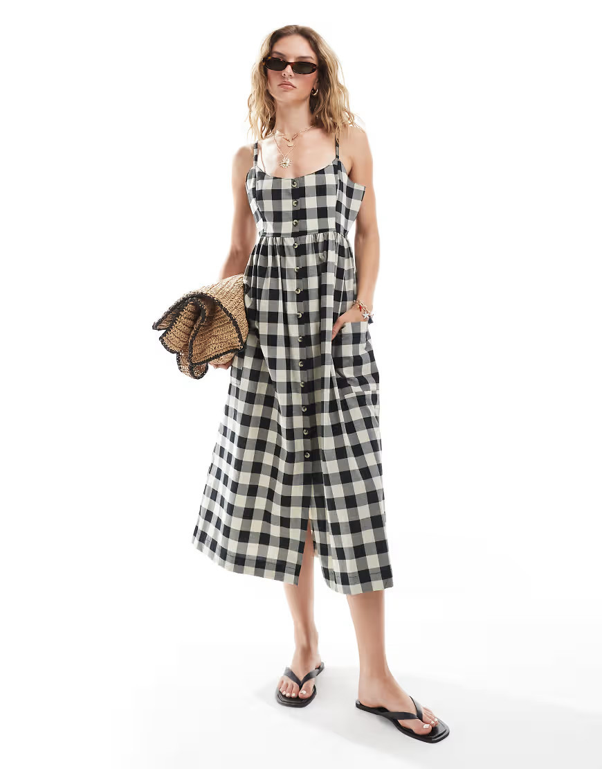 Brave Soul strappy button down midi dress in black gingham print | ASOS (Global)