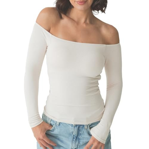 Klassy Network Off The Shoulder Brami - Long-Sleeve Top with Built-in Support and Ribbed Stretchy Fabric for Women Cream | Amazon (US)