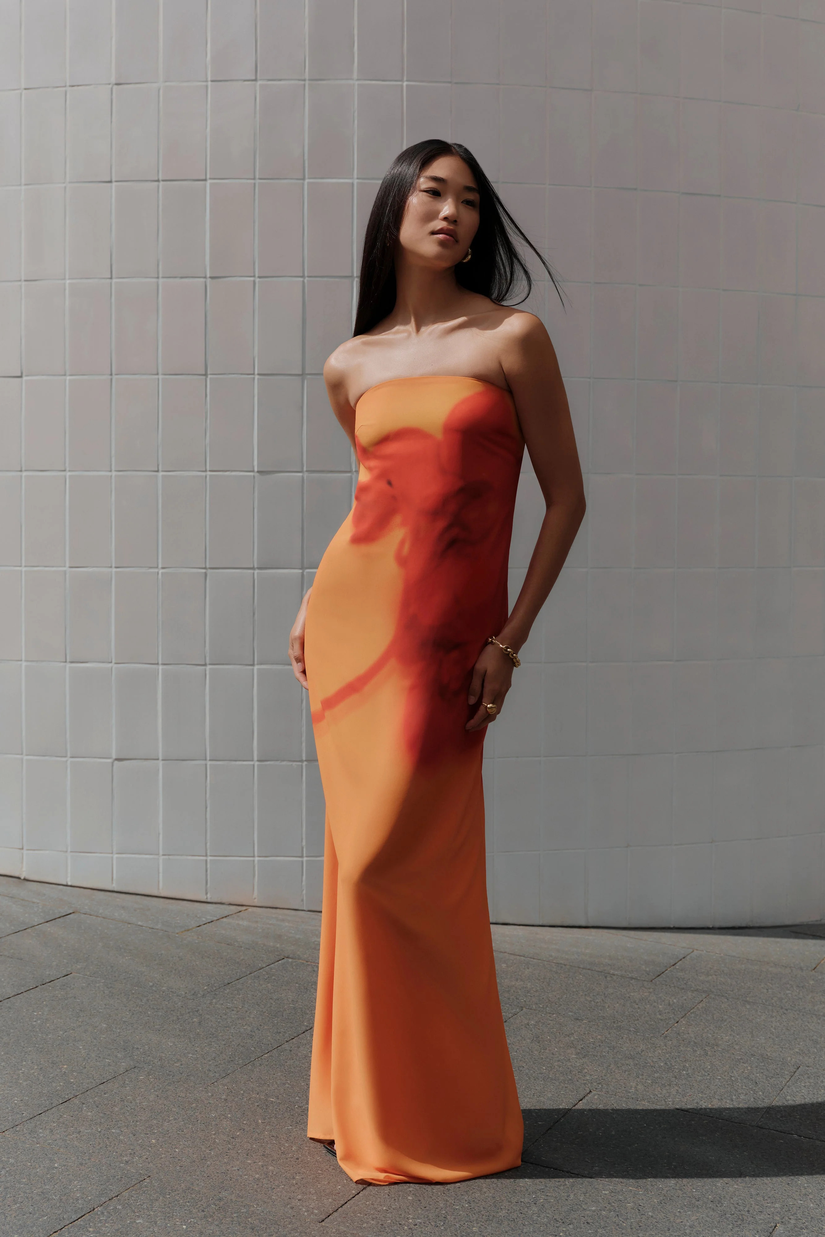 Amaya Strapless Chiffon Maxi Dress - Koi Orchid Print | MESHKI US